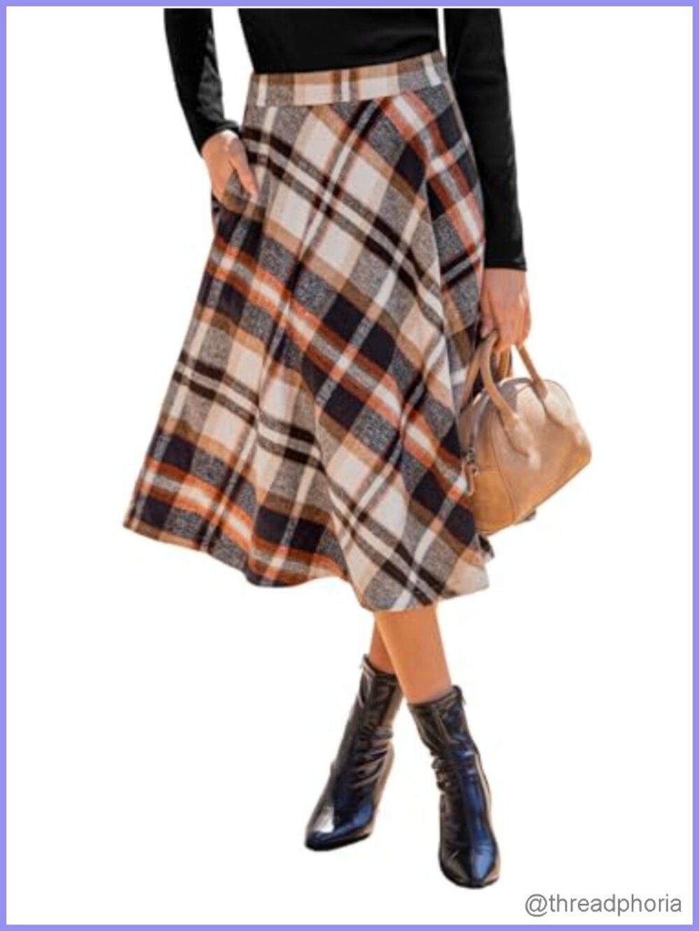 Women's Plaid A-Line Midi Skirt, Tie Waist Pockets